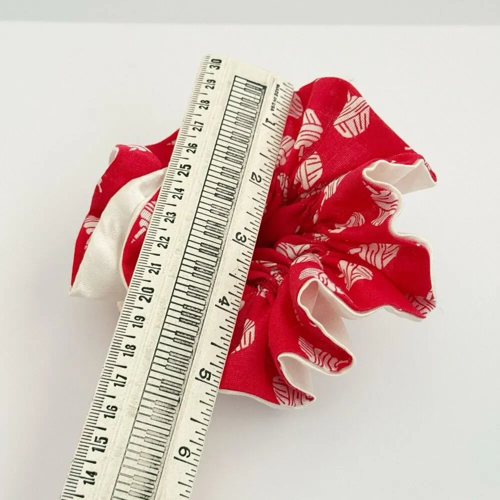 Handmade Red & Cream Scrunchie Hair Tie Ruffled Elastic Ponytail Holder